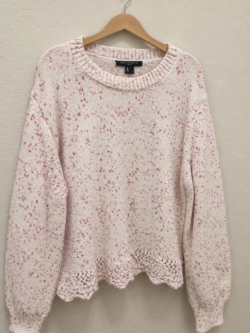 French Connection Cream Sweater with Pink Speckle & Scalloped Hem